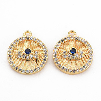 Brass Cubic Zirconia Charms, Nickel Free, Flat Round with Eye, Real 18K Gold Plated, 15x13x3mm, Hole: 1mm