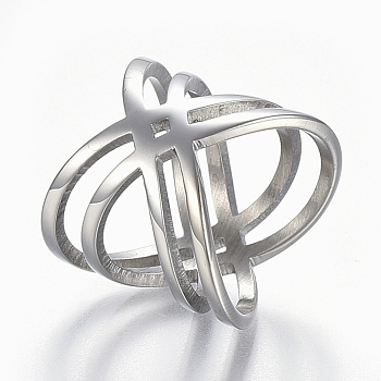 304 Stainless Steel Finger Rings, Wide Band Rings, Criss Cross Ring, Double Rings, X Rings, Hollow, Stainless Steel Color, 18mm