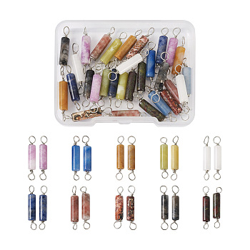 40Pcs 10 Styles Natural Mixed Stone Connector Charms, with Eco-Friendly Brass Wire Double Loops, Column, Platinum, 23~24x4mm, Hole: 2~2.5mm, 4pcs/style