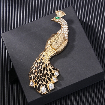 Peacock Alloy Crystal Rhinestone Brooches, Golden, Golden, 107x35mm