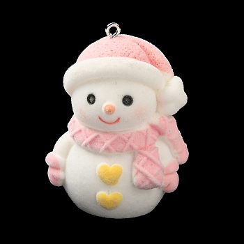 Flocky Resin Big Pendants, Snowman Charms with Platinum Plated Iron Loops, Pink, 50x37x27mm, Hole: 2mm