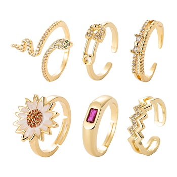 6Pcs 6 Styles Brass Micro Pave Cubic Zirconia Cuff Rings, Open Rings, Long-Lasting Plated, Wave & Snake & Safety Pin Shape & Daisy Flower, Real 16K Gold Plated, Inner Diameter: 16~17.1mm, 1pc/style