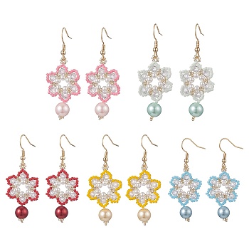 Glass Seed & Shell Pearl & Acrylic Braided Flower Dangle Earrings, Golden 304 Stainless Steel Long Drop Earrings for Women, Mixed Color, 52mm, Pin: 0.7mm