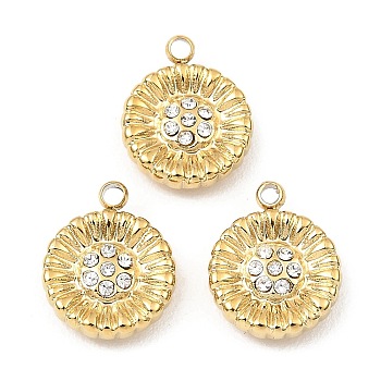 Ion Plating(IP) 316 Stainless Steel with Rhinestone Pendants, Lotus Charm, Real 24K Gold Plated, 10.5x8.5x2.5mm, Hole: 1.2mm