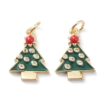Christmas Style Brass Micro Pave Clear Grade AAA Cubic Zirconia Pendants, with Colorful Enamel & Jump Rings, Long-Lasting Plated, Christmas Tree, Real 18k Gold Plated, 17x12x2mm, Hole: 3mm, Jump Ring: 5x1mm