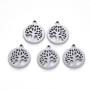 304 Stainless Steel Pendants, Laser Cut, Flat Round with Tree of Life, Stainless Steel Color, 17.4x13.8x1mm, Hole: 1mm