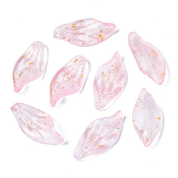 Frosted Transparent Spray Painted Glass Pendants, with Glitter Powder, Leaf, Pink, 30x14x3.5mm, Hole: 1mm