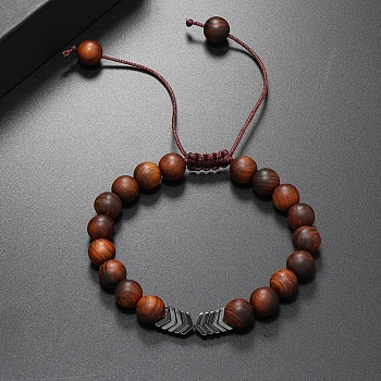 Ethnic Style Round Wood Men's Braided Bead Bracelets, Adjustable Arrow Synthetic Non-magnetic Hematite Bracelets, Platinum Plated