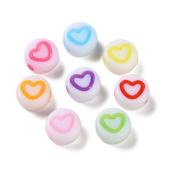 Opaque Acrylic Beads, Craft Style, Flat Round with Heart, Mixed Color, 6.5x3.5mm, Hole: 1.6mm, about 4500pcs/500g