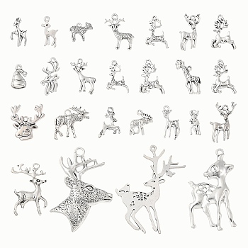50Pcs 25 Styles Tibetan Style Alloy Pendants, Christmas Reindeer/Stag Pendants, Antique Silver, 13.5~49.7x7~44.5x1~8mm, Hole: 1~4mm, 2pcs/style