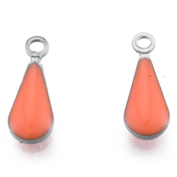 304 Stainless Steel Enamel Charms, Stainless Steel Color, Teardrop, Light Salmon, 12x4.5x2mm, Hole: 1.2mm