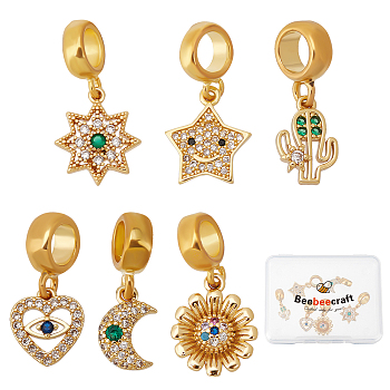 6Pcs 6 Style Brass Cubic Zirconia European Dangle Charms, Largr Hole Pendants, Long-Lasting Plated, Mixed Shapes, Colorful, Real 18K Gold Plated, 18~23mm, Hole: 5mm, 1pc/style