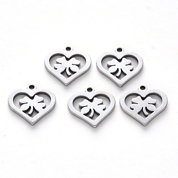 201 Stainless Steel Charms, Laser Cut, Heart Ring with Clover, Stainless Steel Color, 13.5x14.5x1mm, Hole: 1.2mm