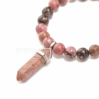 Natural Rhodonite Round Beaded Stretch Bracelet with Bullet Shape Charm(BJEW-JB08310-01)-4