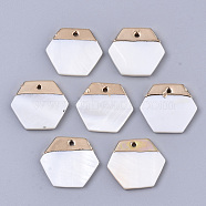 Natural Freshwater Shell Pendants, with Top Golden Plated Brass Findings, Hexagon, Seashell Color, 18x20x2.5mm, Hole: 1.2mm(SHEL-R023-03C)