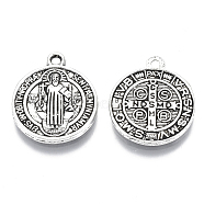 Tibetan Style Alloy Pendants, Saint Benedict Medal, Cadmium Free & Lead Free, Flat Round, Antique Silver Color, Size: about 21mm long, 18mm wide, 2mm thick, hole: 1mm(TIBEB-A9489-AS-LF)
