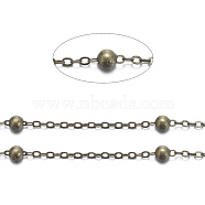 Brass Flat Oval Cable Chains, Satellite Chains, with Round Beads, Unwelded, with Spool, Cadmium Free & Nickel Free & Lead Free, Antique Bronze, 2.2x1.7x0.23mm, Bead: 3.5mm, about 301.83 Feet(92m)/roll(CHC018Y-AB)