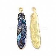 Rack Plating Alloy Pendants, Printed, Lead Free & Cadmium Free & Nickel Free, Feather Charm, Light Gold, Prussian Blue, 36.5x8x1.5mm, Hole: 1.8mm(FIND-H043-02LG-06)