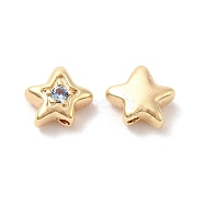 Brass Cubic Zirconia Beads, Star, Real 18K Gold Plated, Light Sky Blue, 7x8x4mm, Hole: 1mm(KK-Q773-01G-02)