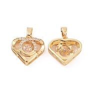 Brass Micro Pave Clear Cubic Zirconia Charms, Heart Charm, Real 18K Gold Plated, 14x15x5mm, Hole: 2.7x5mm(KK-E068-VC282)