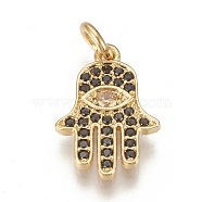 Brass Micro Pave Cubic Zirconia Pendants, with Jump Rings, Palm, Golden, 16x11x1.5mm, Hole: 3mm(ZIRC-Q015-050G)