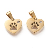 Ion Plating(IP) 304 Stainless Steel Charms, with Rhinestone, Manual Polishing, Heart with Hollow Dog Footprint, Golden, 13.5x14x3.5~4mm, Hole: 3x7mm(STAS-F253-19G)