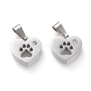 304 Stainless Steel Charms, Cut-Out, with Rhinestone, Manual Polishing, Heart with Hollow Dog Footprint, Stainless Steel Color, 13.5x14x3.5~4mm, Hole: 3x7mm(X-STAS-F253-19P)