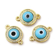 Rack Plating Real 18K Gold Plated Brass Micro Pave Clear Cubic Zirconia Connector Charms, Flat Round with Evil Eye Links, with Handmade Lampwork, Cadmium Free & Lead Free, Long-Lasting, Deep Sky Blue, 18.5x13x4mm, Hole: 1.4mm(ZIRC-L102-04G-05)