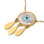 Woven Net with Evil Eye Natural Shell with Enamel Pendant Necklaces, with 304 Stainless Steel Cable Chains, Golden, 16.22 inch(41.2cm)(NJEW-E104-02G)