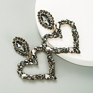 Rhinestone Heart Long Dangle Stud Earrings, Alloy Jewelry for Women, Jet, 80x55mm(HEAR-PW0001-076B)