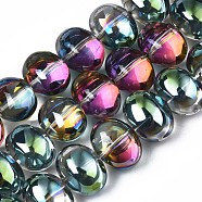 Electroplate Glass Beads Strand, Half Plated, Oval, Green Plated, 10.5~11.5x14x10mm, Hole: 1mm, about 57~59pcs/strand, 24.41 inch~ 25.20 inch(62~64cm)(EGLA-S188-22-C02)