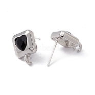 Rack Plating Alloy Stud Earring Findings, with Jet Rhinestone, 925 Sterling Silver Pins and Vertical Loops, Cadmium Free & Lead Free, Square with Heart, Platinum, 14x10x4.5mm, Hole: 2mm, Pin: 0.6mm(FIND-I030-14P)