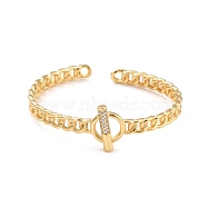 Toggle Clasp Shape Cubic Zirconia Cuff Bangle, Curb Chain Shape Brass Open Bangle for Women, Lead Free & Cadmium Free, Real 18K Gold Plated, Inner Diameter: 2-1/8 inch(5.45cm)x1-7/8 inch(4.7cm)(BJEW-I298-19G)