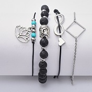 Stackable Bracelets Sets, with Natural Lava Rock Beads, 304 Stainless Steel Findings, Waxed Polyester Cord, Brass Beads and Tibetan Style Alloy Beads, Antique Silver & Stainless Steel Color, 7-1/4 inch(18.3cm), 1 inch~3-1/4 inch(2.5~8.3cm), 1~2mm, 4pcs/set(BJEW-JB04445)