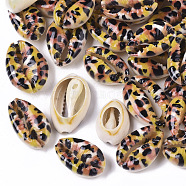 Printed Natural Cowrie Shell Beads, No Hole/Undrilled, with Leopard Print Pattern, Sandy Brown, 18~21x12~15x7mm(X-SSHEL-R047-01-B07)