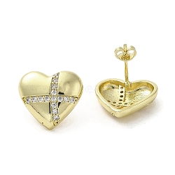 Brass Micro Pave Cubic Zirconia Stud Earrings, Heart with Cross, Lead Free & Cadmium Free, Long-Lasting Plated, Real 18K Gold Plated, 16x17mm(EJEW-G381-07G)