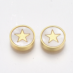 304 Stainless Steel Beads, with Shell, Flat Round with Star, Golden, 10x3mm, Hole: 1.6mm(X-STAS-T045-13G)