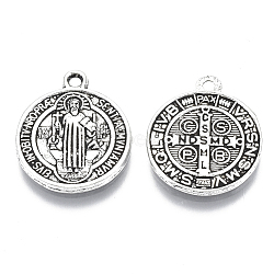 Tibetan Style Alloy Pendants, Saint Benedict Medal, Cadmium Free & Lead Free, Flat Round, Antique Silver Color, Size: about 21mm long, 18mm wide, 2mm thick, hole: 1mm(TIBEB-A9489-AS-LF)