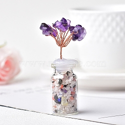 Natural Amethyst Chips Tree Decorations, Crystal Glass Bottle Base with Copper Wire Feng Shui Energy Stone Gift for Home Office Desktop Decor, 60~70mm(PW-WG81217-01)