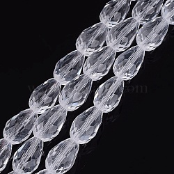 Glass Beads Strands, Faceted, teardrop, Clear, 15x10mm, Hole: 2mm, about 48pcs/strand, 27.56 inch(70cm)(GLAA-R024-15x10mm-12)