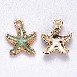 Alloy Enamel Pendants, Starfish, Light Gold, Pale Green, 18x15x3mm, Hole: 2.5mm(X-ENAM-S121-023A)