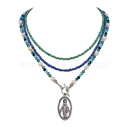 Oval with Virgin Mary Pendant Necklaces, Natural Pearl Beads Necklaces, Glass Seed Beads Necklaces with Toggle Clasp for Women, Mixed Color, 14.8~19.3 inch(37.5~49cm), 3pcs/set(NJEW-SW00006-01)