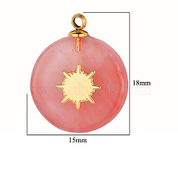 Synthetic Watermelon Stone Glass Pendants, Flat Round Charms, with Golden Tone Stainless Steel Sun Slice, 18~19x15x3.7~4.1mm(FIND-PW0015-02B-04)