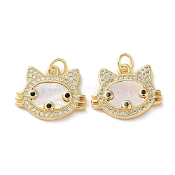 Brass Micro Pave Clear Cubic Zirconia Pendants, with Shell and Jump Ring, Real 18K Gold Plated, Cat Shape, 15.5x19x3.5mm, Hole: 3mm(KK-B083-34B-G)