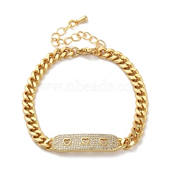 Brass Micro Pave Clear Cubic Zirconia Curved Rectangle with Hollow Heart Cuban Link Chains Bracelets for Women, Real 16K Gold Plated, 7 inch(17.8cm), Rectangle: 8.5x30.5x2.5mm(BJEW-M322-03G-A)