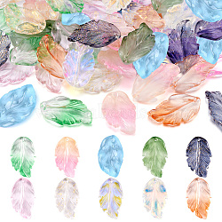 Pandahall 100Pcs 10 Colors Dyed & Heated Glass Pendants, with Glitter Powder, Feather Leaf Charms, Mixed Color, 27.5~28x15~17x3.5~5mm, Hole: 1.2~1.4mm, 10Pcs/color(GLAA-TA0001-48)