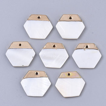 Natural Freshwater Shell Pendants, with Top Golden Plated Brass Findings, Hexagon, Seashell Color, 18x20x2.5mm, Hole: 1.2mm