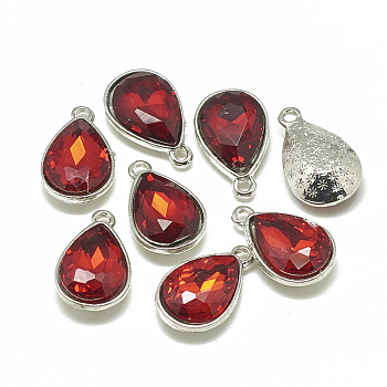 Alloy Glass Charms, Faceted, teardrop, Platinum, Red, 14.5x9x5mm, Hole: 1.5mm