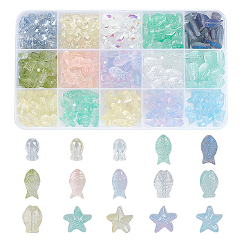 275Pcs 15 Styles Transparent & Frosted Glass Beads, Fish & Starfish, Mixed Style, Mixed Color, 10.5~15x6~15x5~6.5mm, Hole: 1~1.4mm