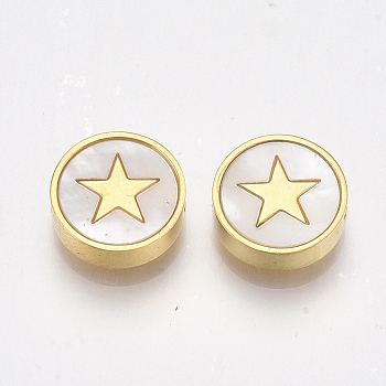 304 Stainless Steel Beads, with Shell, Flat Round with Star, Golden, 10x3mm, Hole: 1.6mm